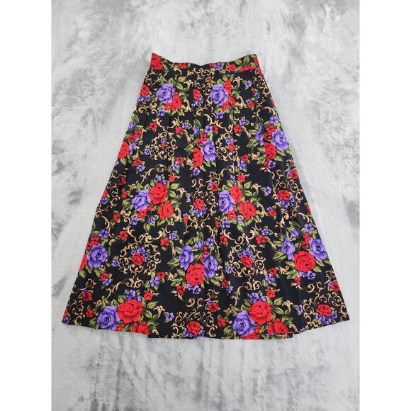 Vintage 80s Koret Floral Filagree Top Pleated Skirt Set Size 14 Black Red Purple - Picture 9 of 15